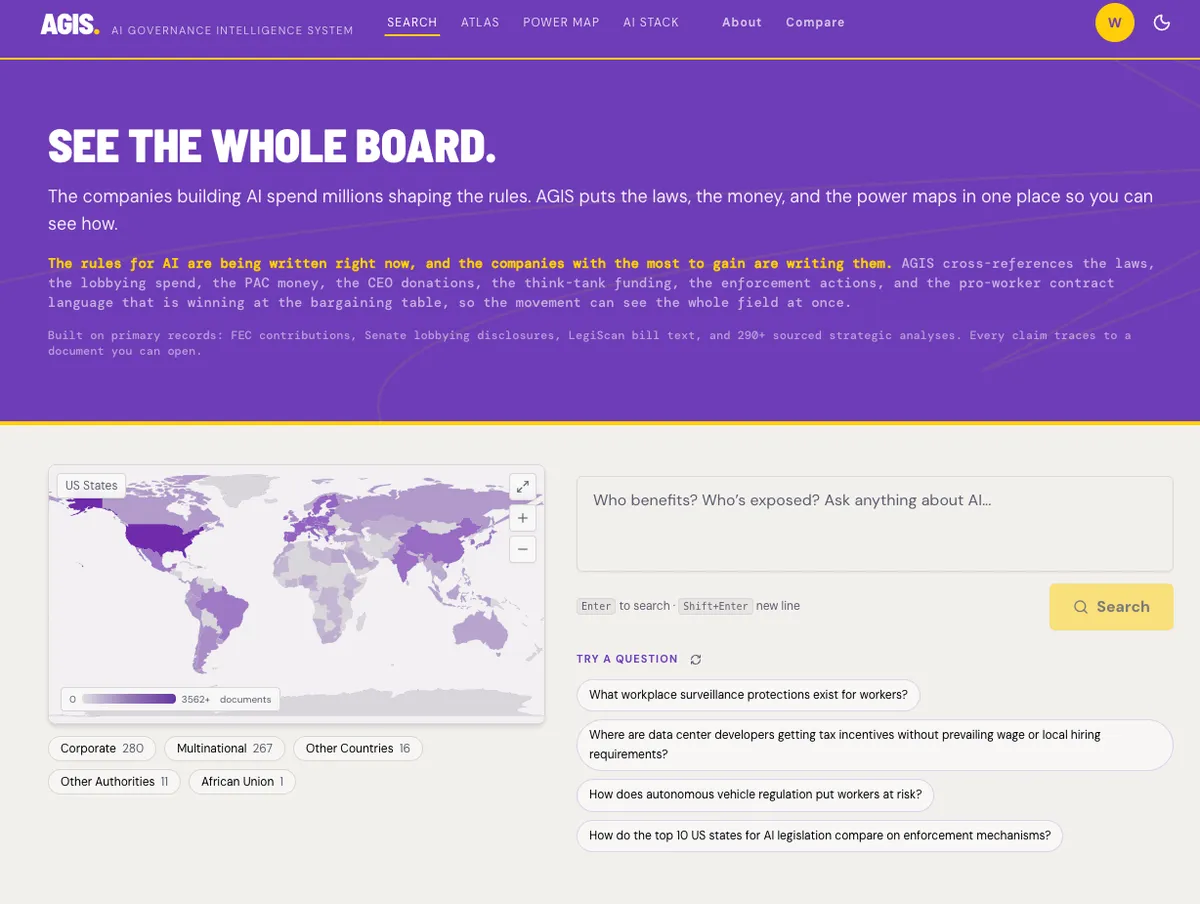 AGIS search interface showing a world map and plain-English AI governance queries.
